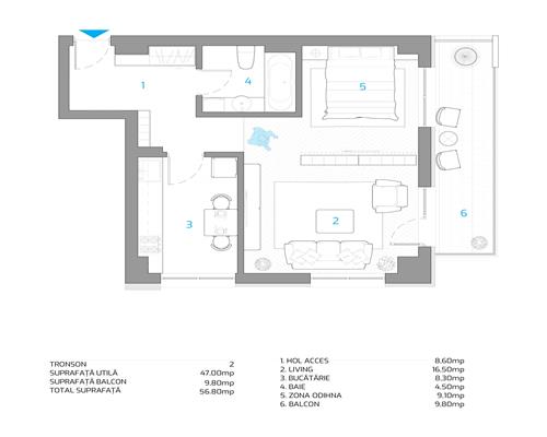 Apartament cu 2 camere, Bloc Nou, tip 1E